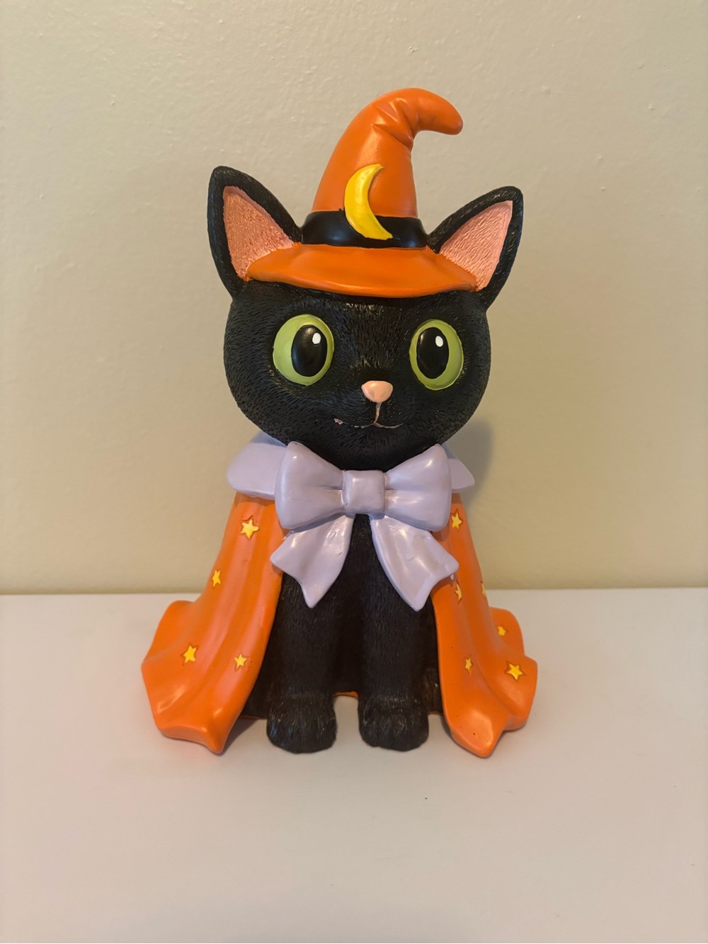 Black Cat Halloween Figurine with Orange Witch Hat & Cape
